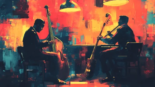 Two jazz musicians play upright basses under warm lights