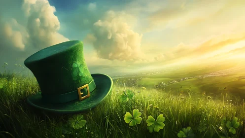 Green leprechaun hat on clover field under golden sky.