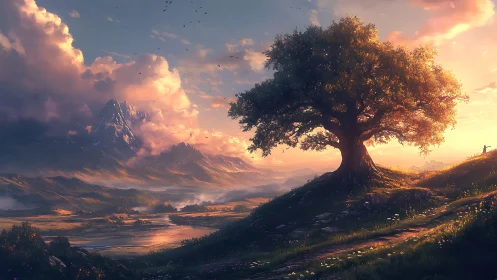 Dramatic sunset landscape balances volumetric clouds and solitary tree