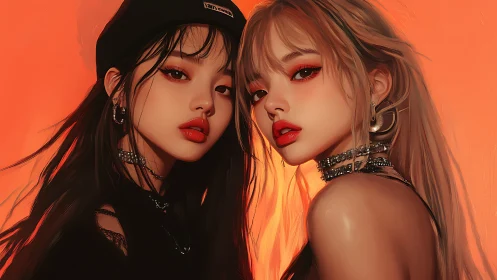 Twin neon sirens in molten sunset glam standoff.