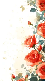 Coral roses with foliage on cream background