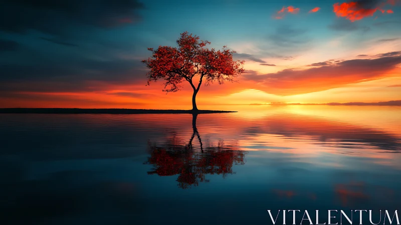 Lone lakeside tree glowing gently in a painted sunset sky.