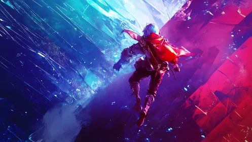 Cyber adventurer leaps through fractured neon rift portal.