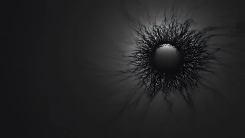 Dark abstract sphere with radiating tangled lines, minimalist style.