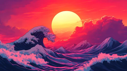 Sunset over stylized ocean waves with distant mountains.