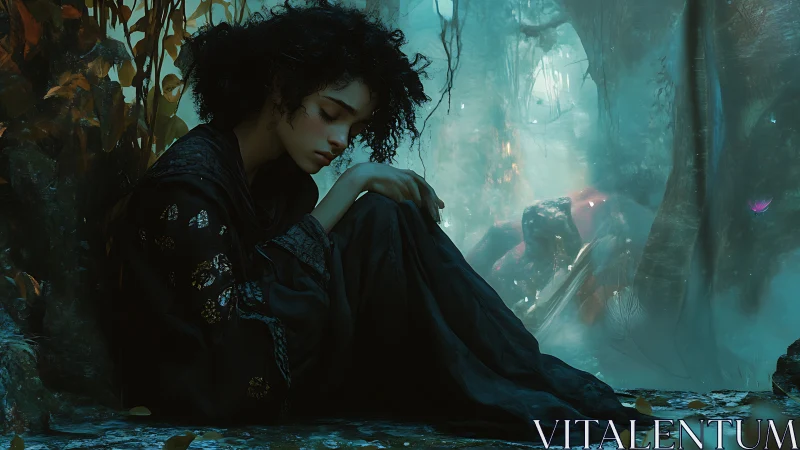 Melancholic figure in teal-lit mystical forest environment.