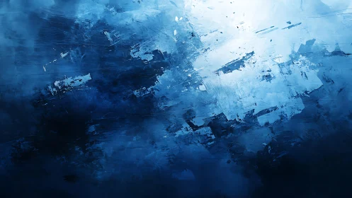 Abstract blue textured painting with dynamic brush strokes.