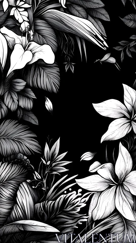 Black and White Floral Composition on Dark Background.
