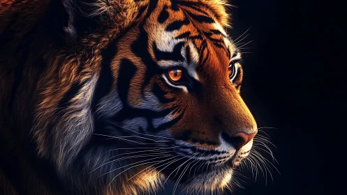 Tiger head rendered in high-contrast side profile lighting view