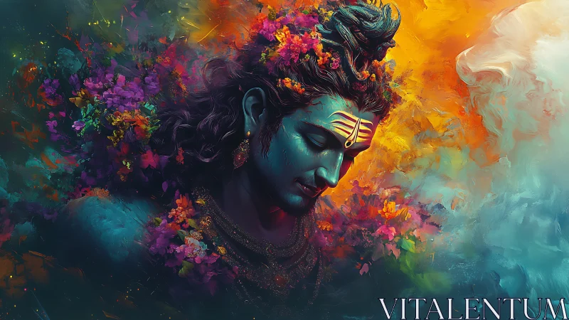 Blue-skinned figure with floral elements in vivid clouds.