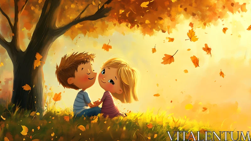 Two children embracing under autumn tree with falling leaves golden hour