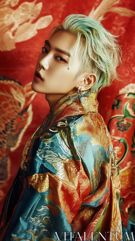 Portrait of person in ornate brocade robe against tapestry.