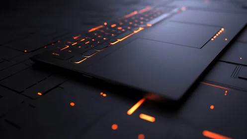 Backlit stealth laptop on modular cybernetic surface plane.