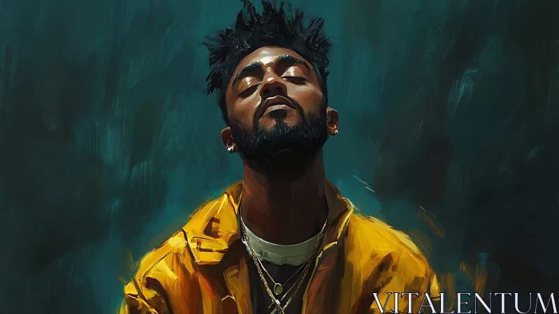 Moody digital portrait of man in yellow jacket, teal backdrop