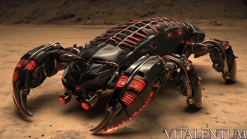 Biomechanical scorpion rover glows on a barren alien desert.