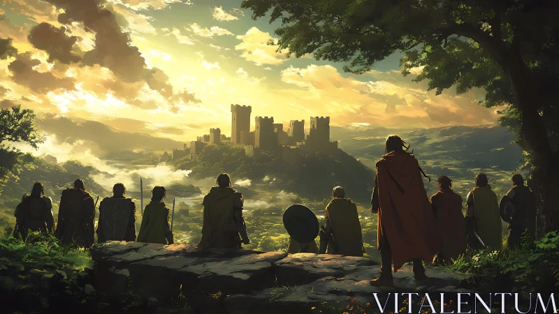 Medieval figures observing distant hilltop fortress at dawn.