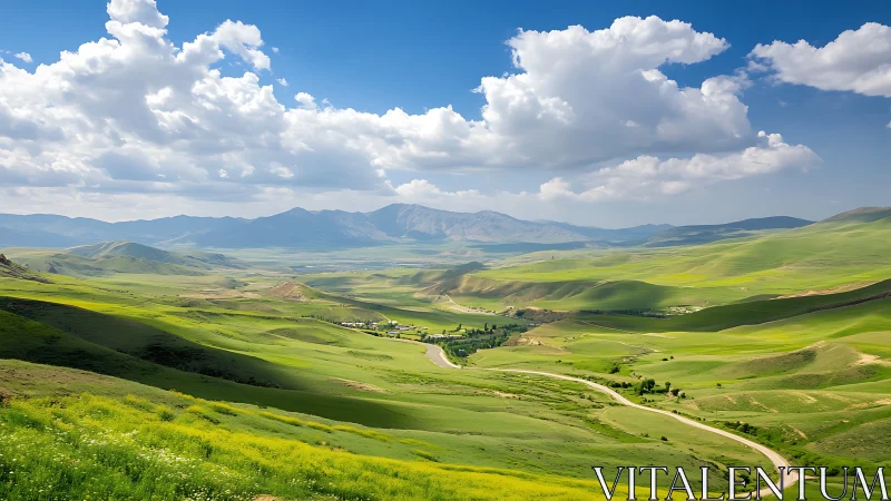 Sunlit green valley unfolds beneath distant blue mountains