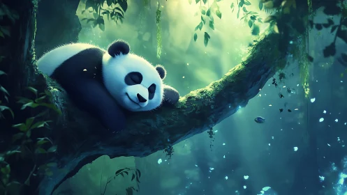 Giant panda resting on a mossy tree branch in forest light.