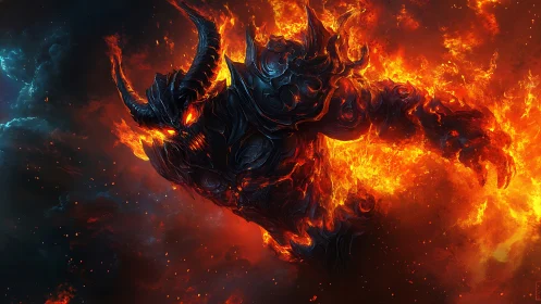 Horned infernal titan emerging from swirling cosmic fire.