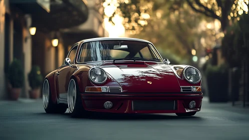 Low-slung classic Porsche 911 rendered with shallow depth of field
