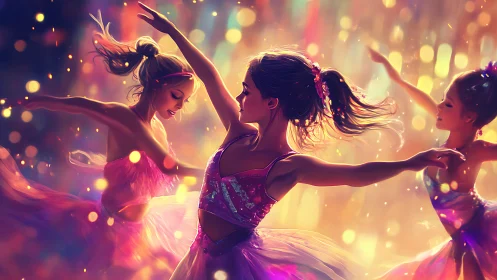 Three young ballerinas dancing in glowing colored light.