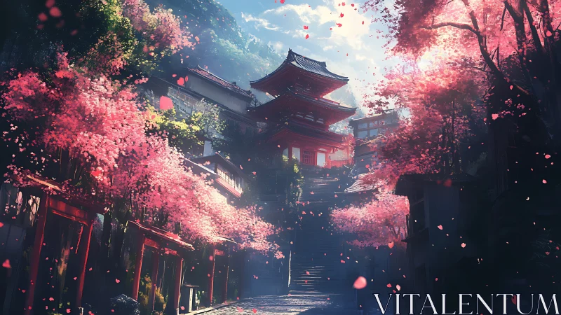 Cherry blossom temple stairs glow under soft morning light.