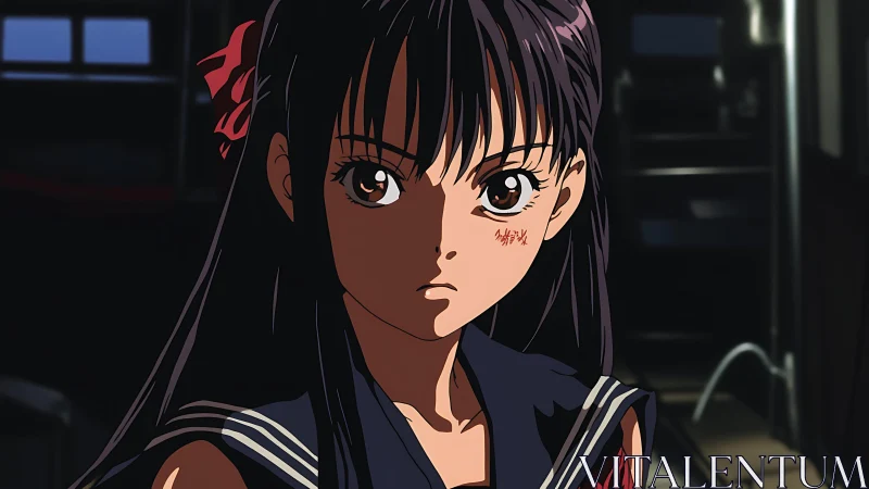 Intense anime schoolgirl portrait in shadowed interior.