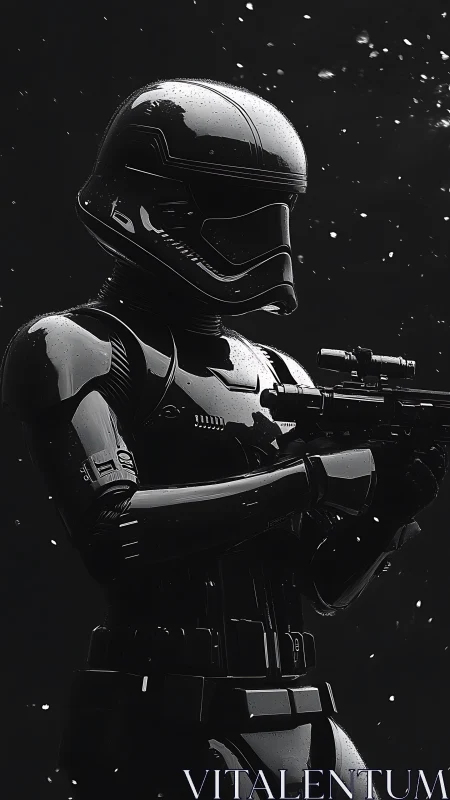 Armored sci fi soldier in glossy black suit holding rifle.