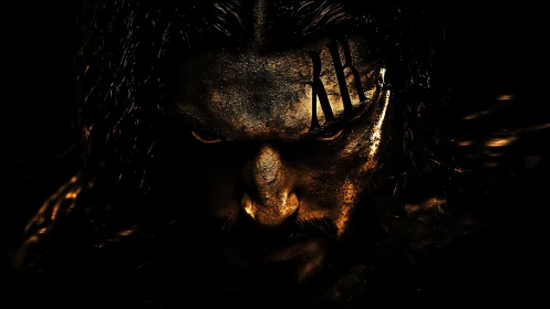 Dark warrior portrait burns through shadow and ember light.