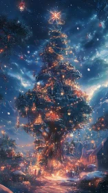 Snow-covered illuminated tree dominating winter village scene.