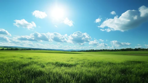 Sunlit green meadow stretches peacefully beneath soft clouds