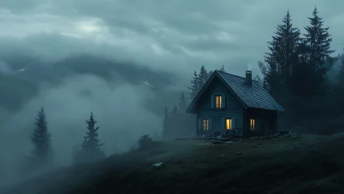 Lone alpine cabin glows softly through brooding mountain mist.