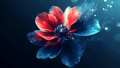Digital flower with red petals and glowing blue particles on dark background.