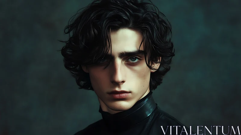 Storm-eyed youth in dark leather, carved from quiet shadow.