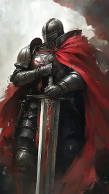 Heavily armored knight with red cape grips bloodstained longsword