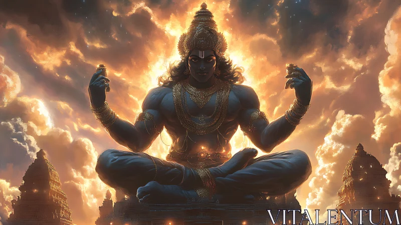 Skyborne cosmic yogi ignites temples with molten dawn fire.