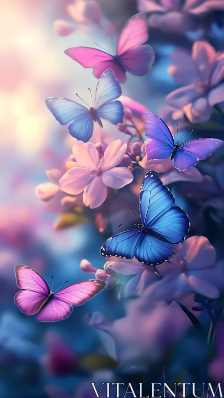 Vibrant blue and pink butterflies over soft spring flowers.
