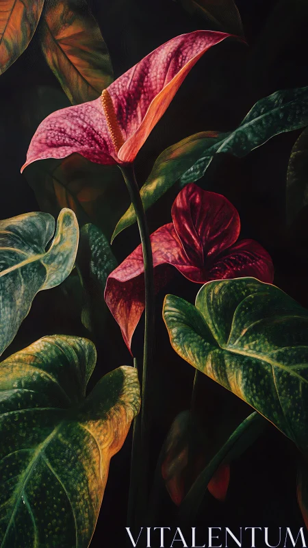 Red anthurium inflorescences rise among dense variegated foliage
