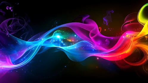 Curved multicolor light trails form layered ribbons on black