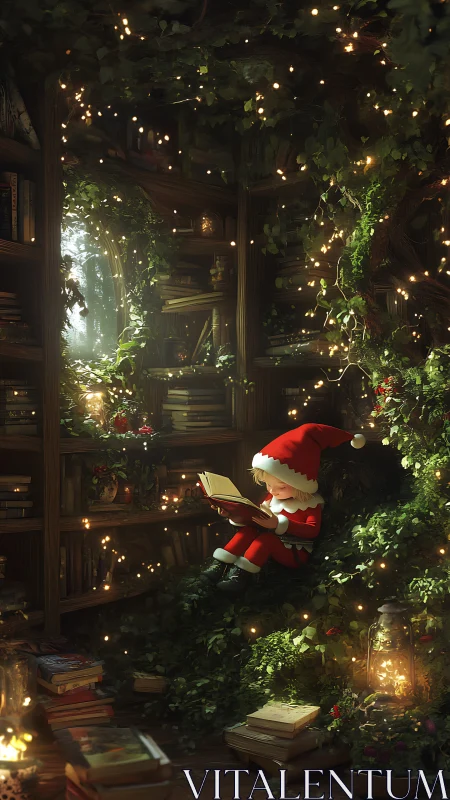 Elf child discovers a glowing story in a secret forest library.