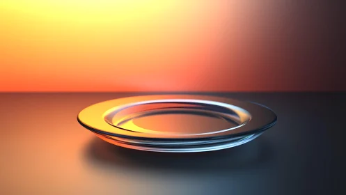 Elegant glass plate on reflective surface with warm sunset lighting.