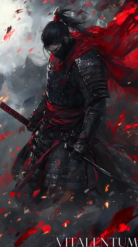Digital painting of lone samurai in red-accented battle haze.