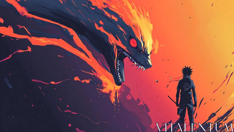 Backlit warrior confronts molten serpent formed from abstract flames