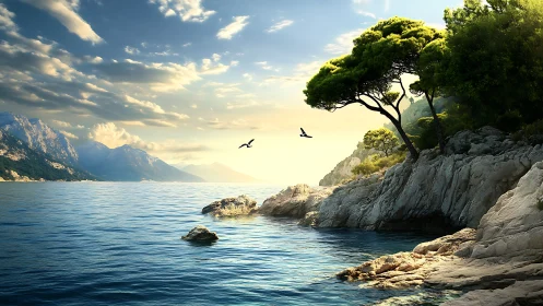 Mediterranean Coastal Landscape with Rocky Cliffs and Pine Trees