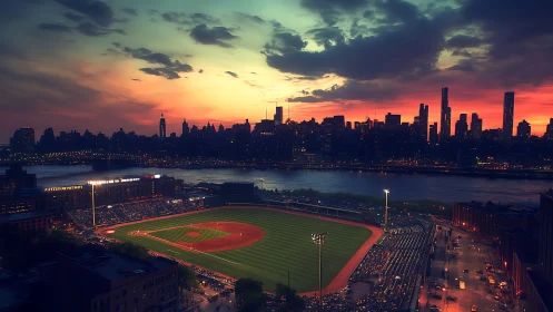 Twilight baseball stadium overlooking illuminated urban skyline.