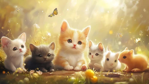 Six juvenile felines in luminescent meadow with lepidopteran interaction.