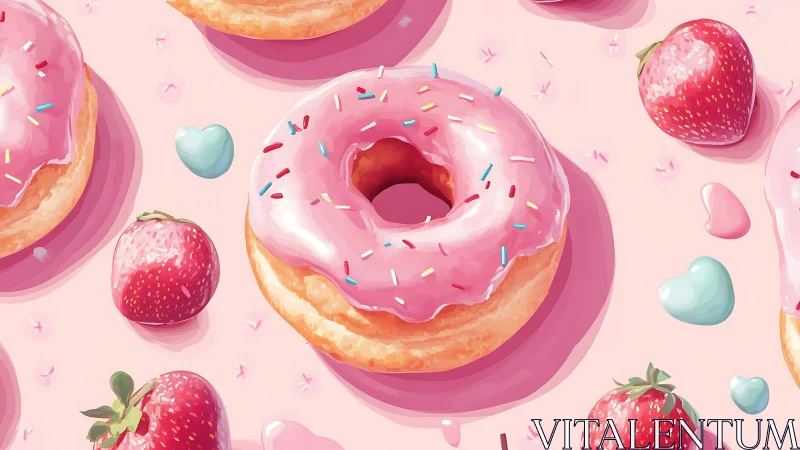 Strawberry-glazed donut array with pastel candy scatterfield.