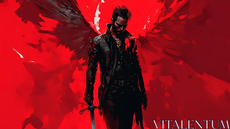 Dark winged warrior in black coat against vivid red void.