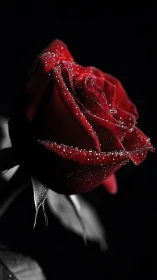 Crimson Rose Glistens Against Velvet Darkness