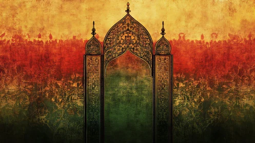 Ornate archway silhouette over textured sunset field.